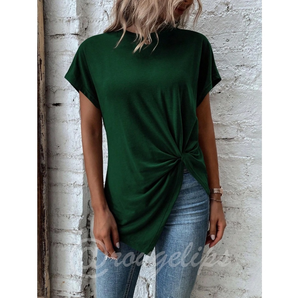 Twist Detail Green Tee Shirt Short Sleeve Round Neck - Picture 2 of 13